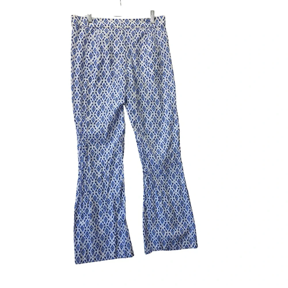 Zara Women Blue White Geometric Diamond Print Wide Leg High Rise Pants Size L - Picture 2 of 7